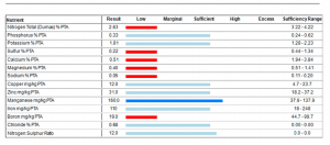 Example leaf blade nutrient status report with coloured nutrient bars